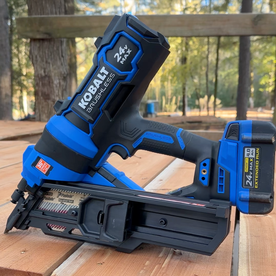 Kobalt Brushless 24v MAX framing nailer on a homestead treehouse
