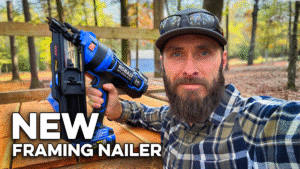 Eric holding a new Kobalt framing nailer from Lowe's