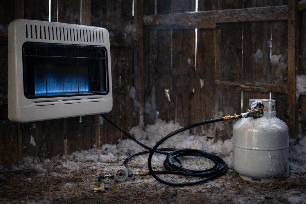 Mr. Heater 30,000 BTU vent-free blue flame propane heater connected to a 20 lb propane tank in a barn
