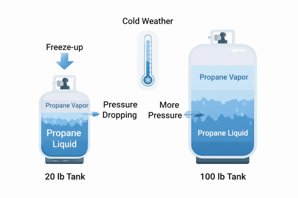 Infographic showing why a 100 lb propane tank maintains better vapor pressure than a 20 lb tank in cold weather