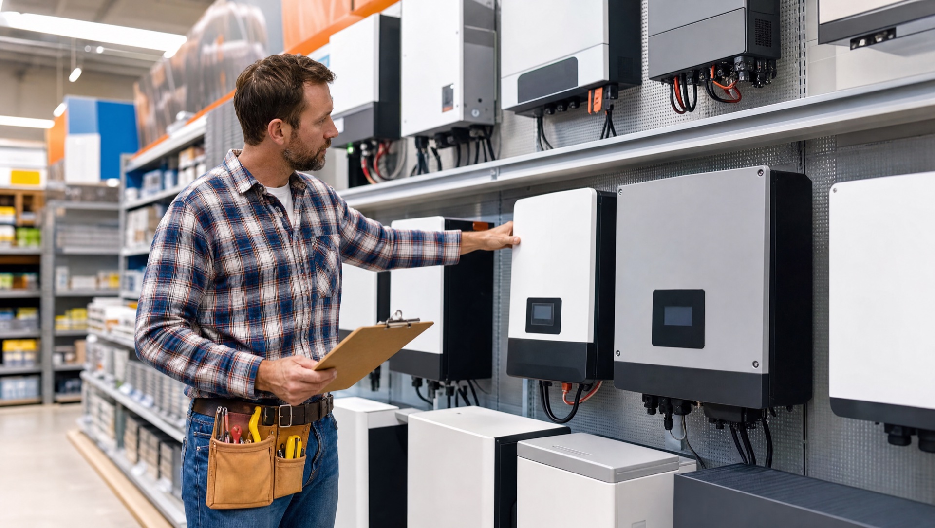 DIY solar installer comparing inverter models in a hardware store aisle