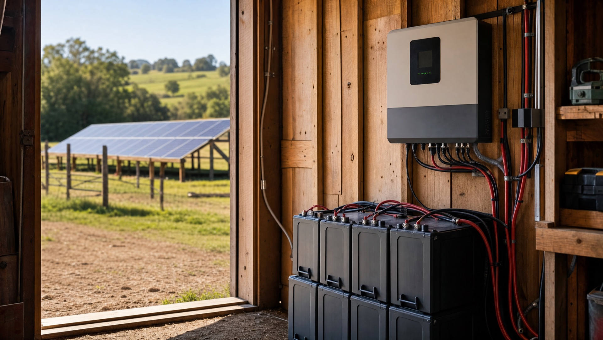 Off-grid solar inverter and battery bank installed in a rural homestead barn