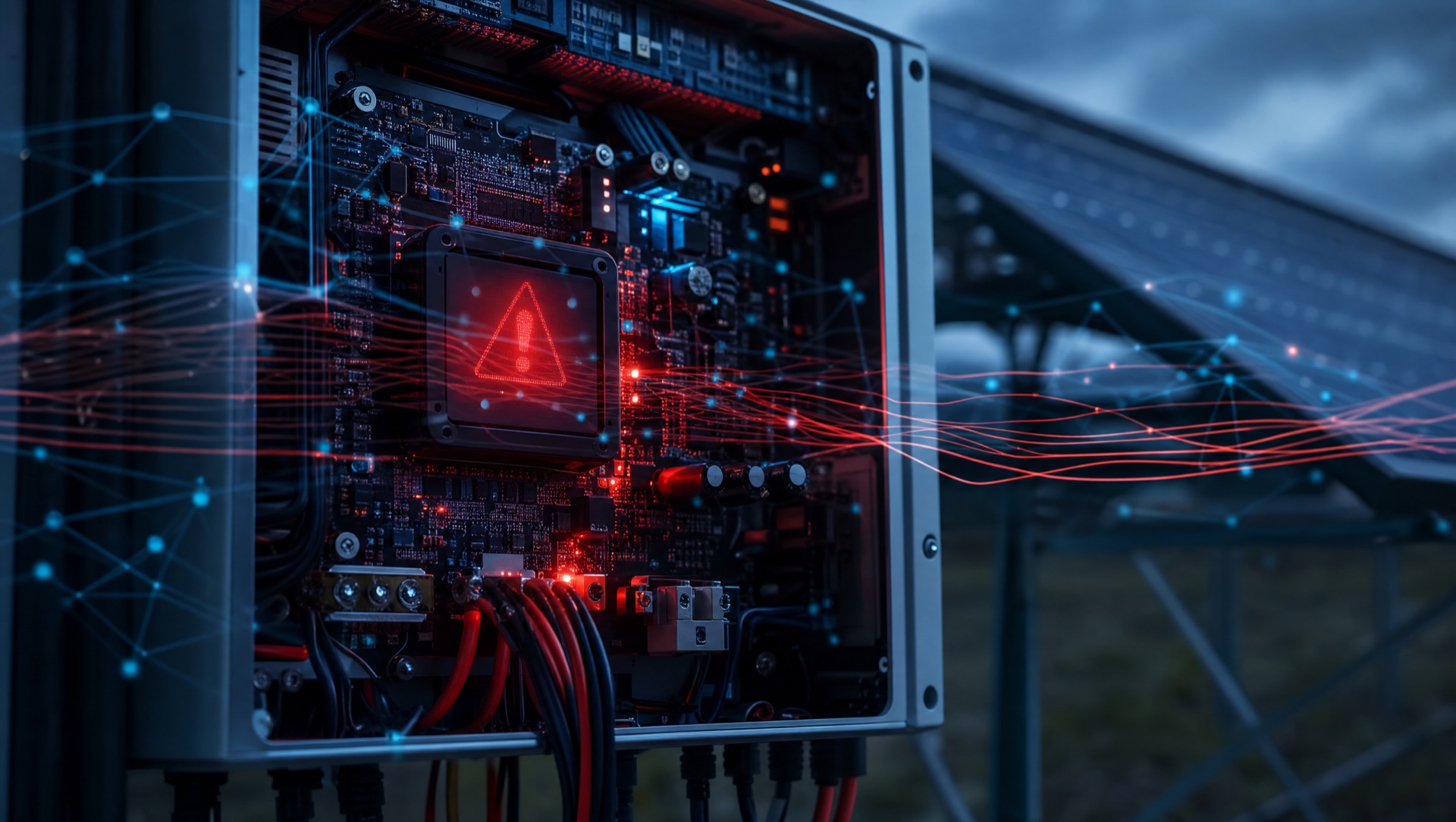 Close-up of solar inverter circuit board with cybersecurity threat overlay and warning indicators