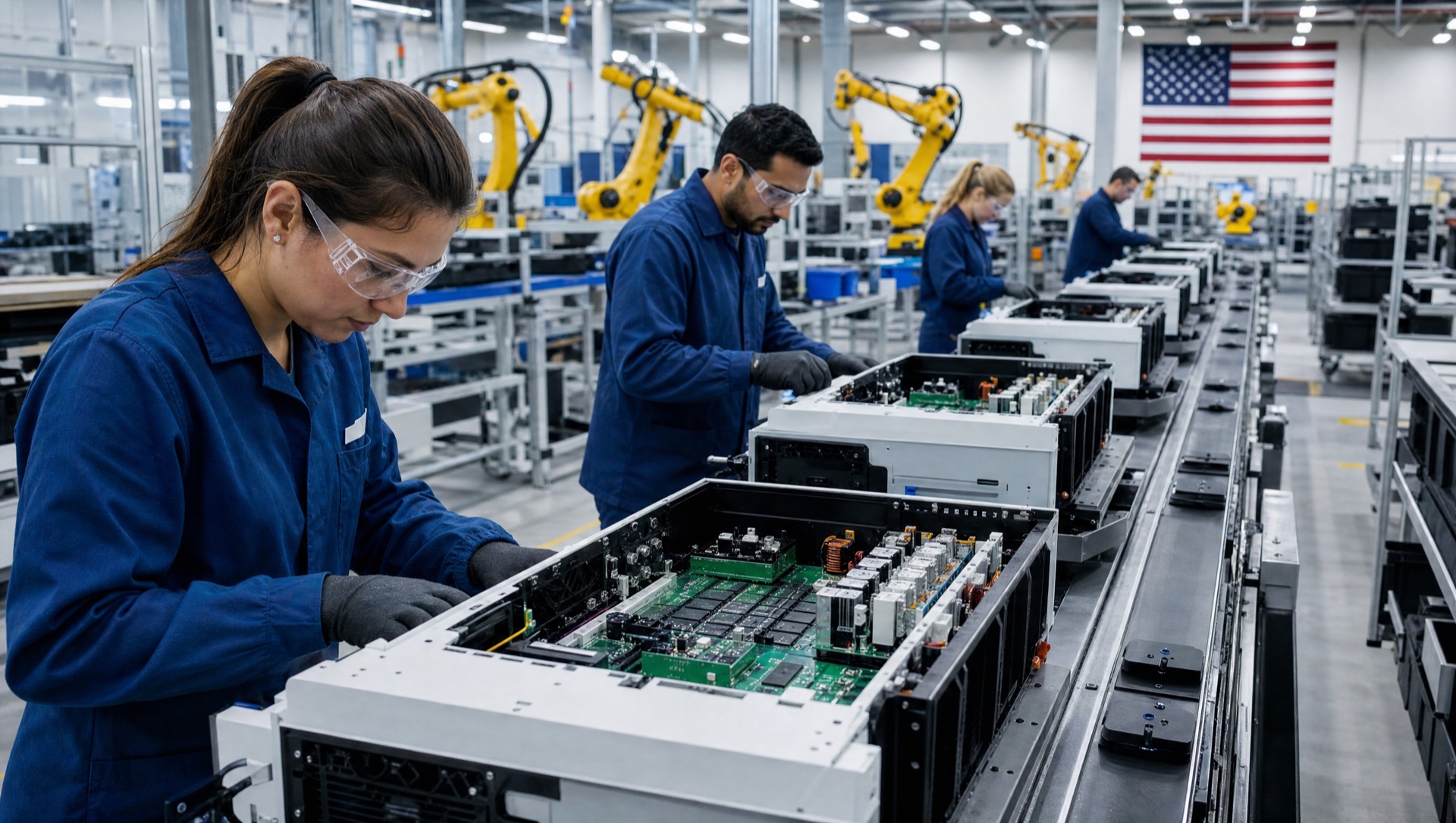 US solar inverter manufacturing assembly line with workers and robotic arms