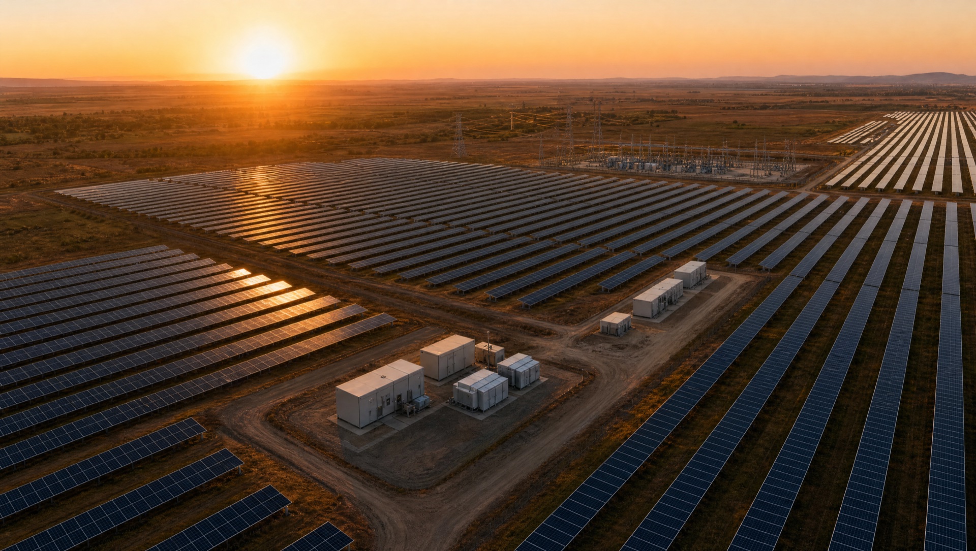 Aerial view of utility-scale solar farm with central inverter stations at golden hour
